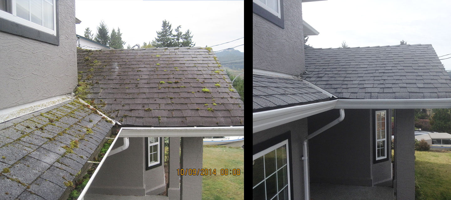 A before and after shot of a roof that has had its moss cleaned off.