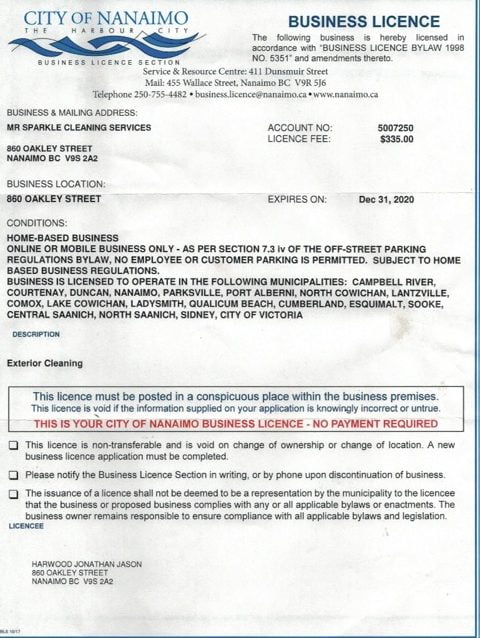 Document showing the City of Nanaimo business license for Mr Sparkle