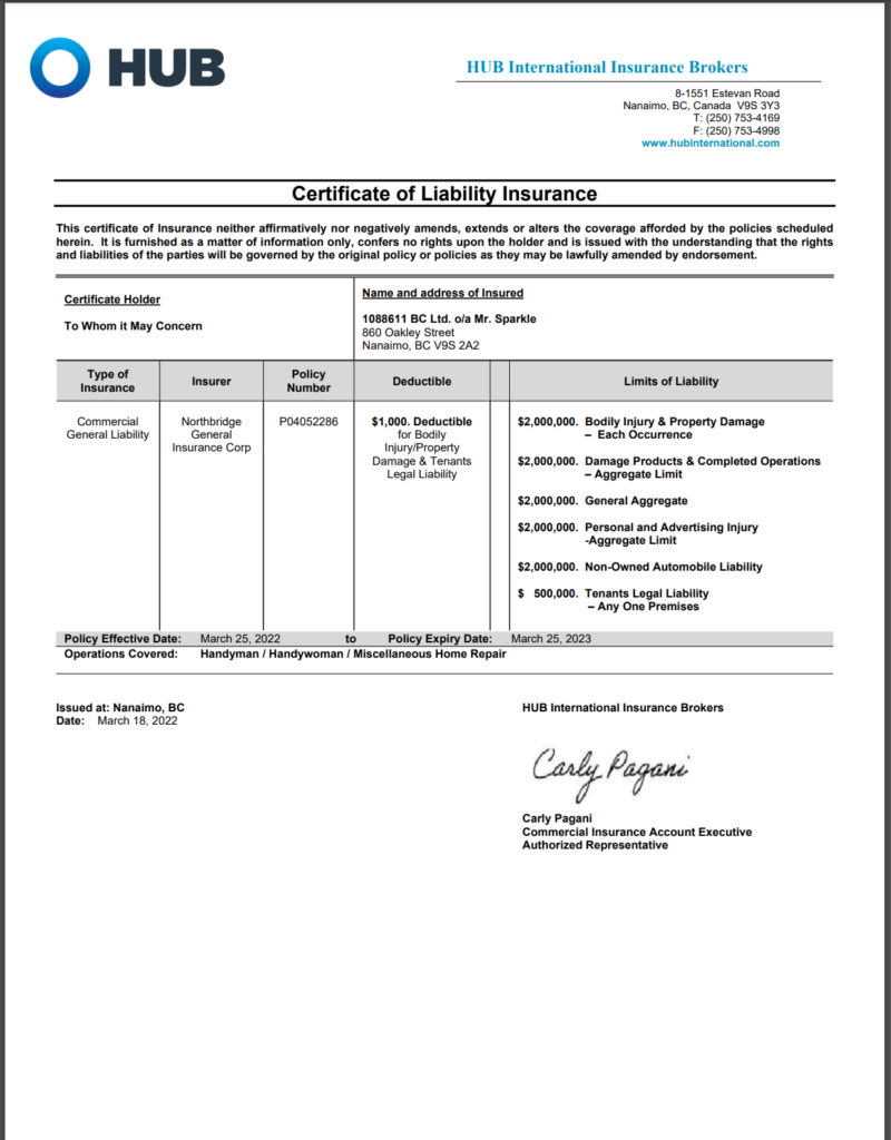 Document showing liability insurance covered by HUB International Insurance Brokers for Mr Sparkle
