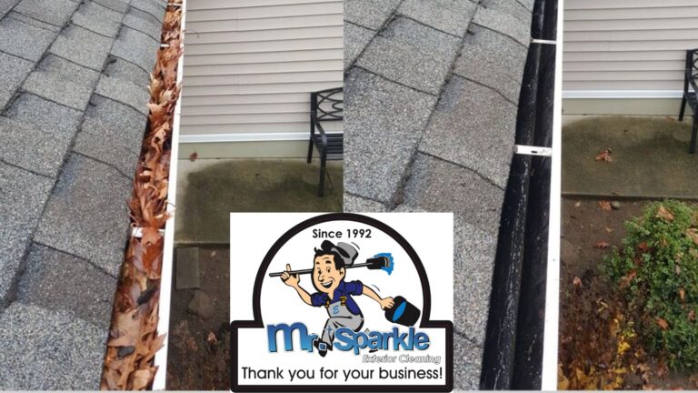Before/after photo for gutter cleaning.