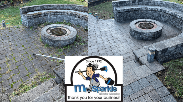 Moss removal on an outdoor firepit patio