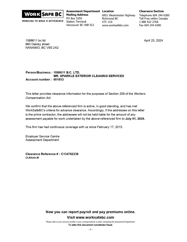 WorksafeBC clearance letter, 2024