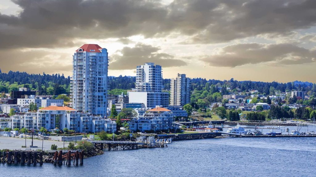 Nanaimo waterfront showing condos and townhouses, including the Beacon.