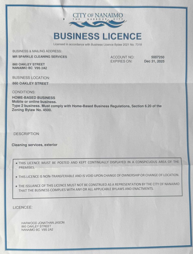Mr. Sparkle Exterior Cleaning Nanaimo Business License 2025