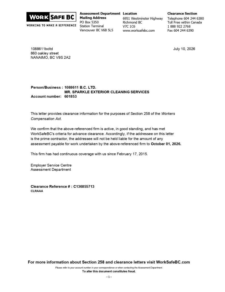 WorkSafeBC Clearance letter for 2026 for Mr. Sparkle Exterior Cleaning in Nanaimo, BC.